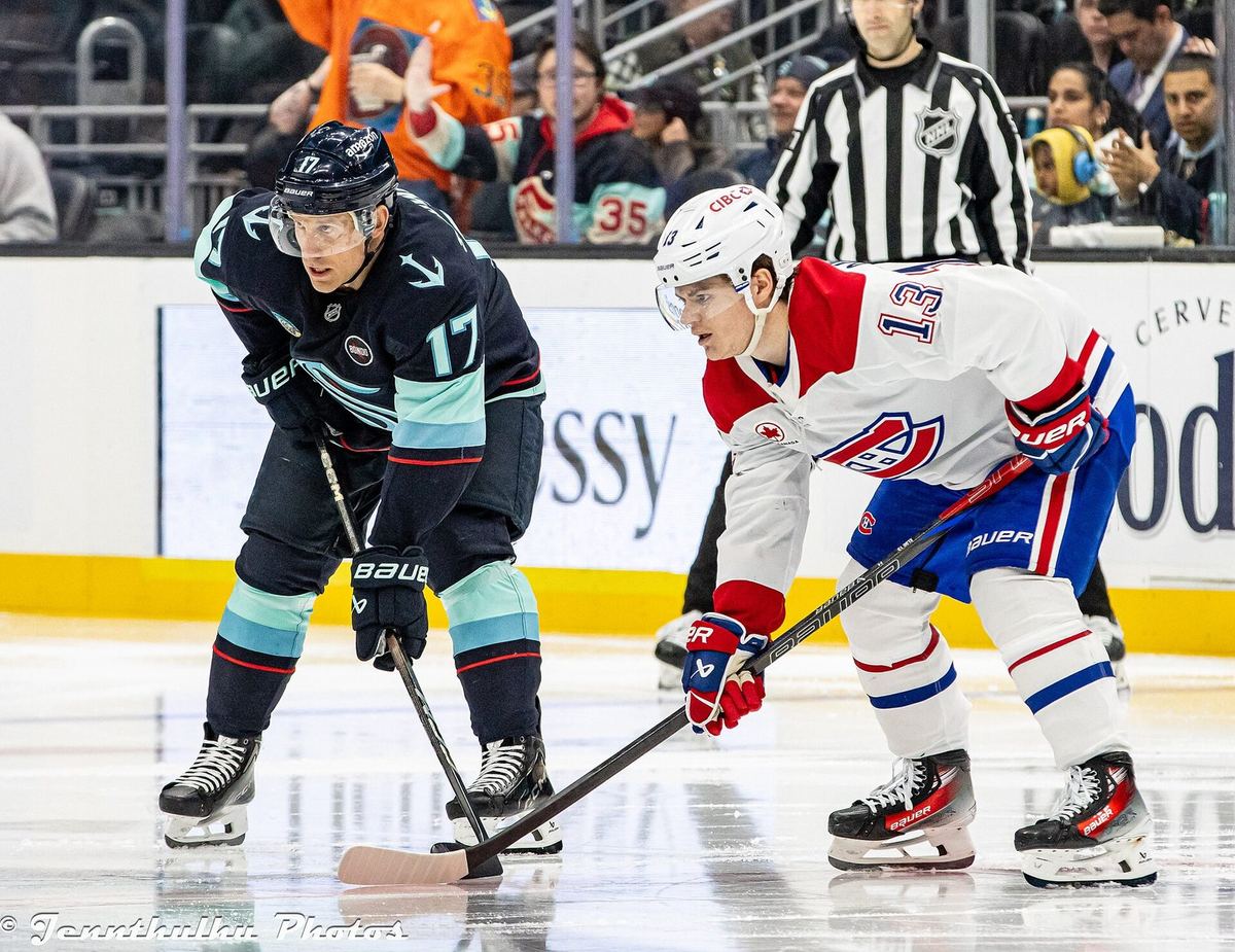 Cole Caufield of the Montreal Canadiens at a faceoff