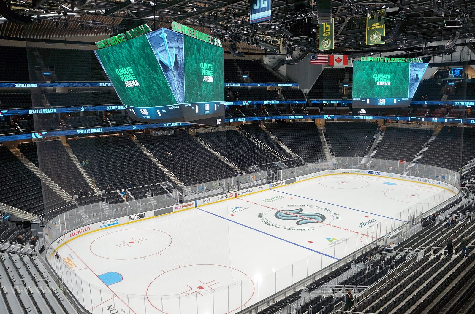 Inside Climate Pledge Arena in Seattle in hockey configuration