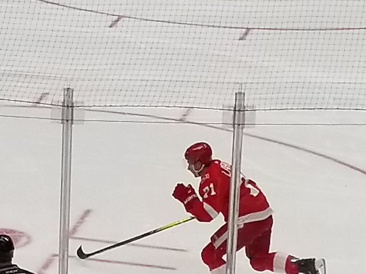 Dylan Larkin skating in a Detroit Red Wings uniform