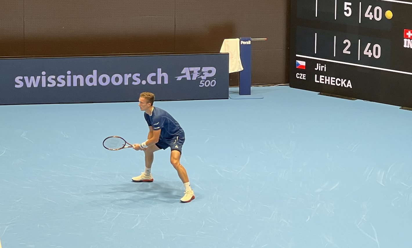 Jiri Lehecka ready to return serve at the Swiss Indoors Basel