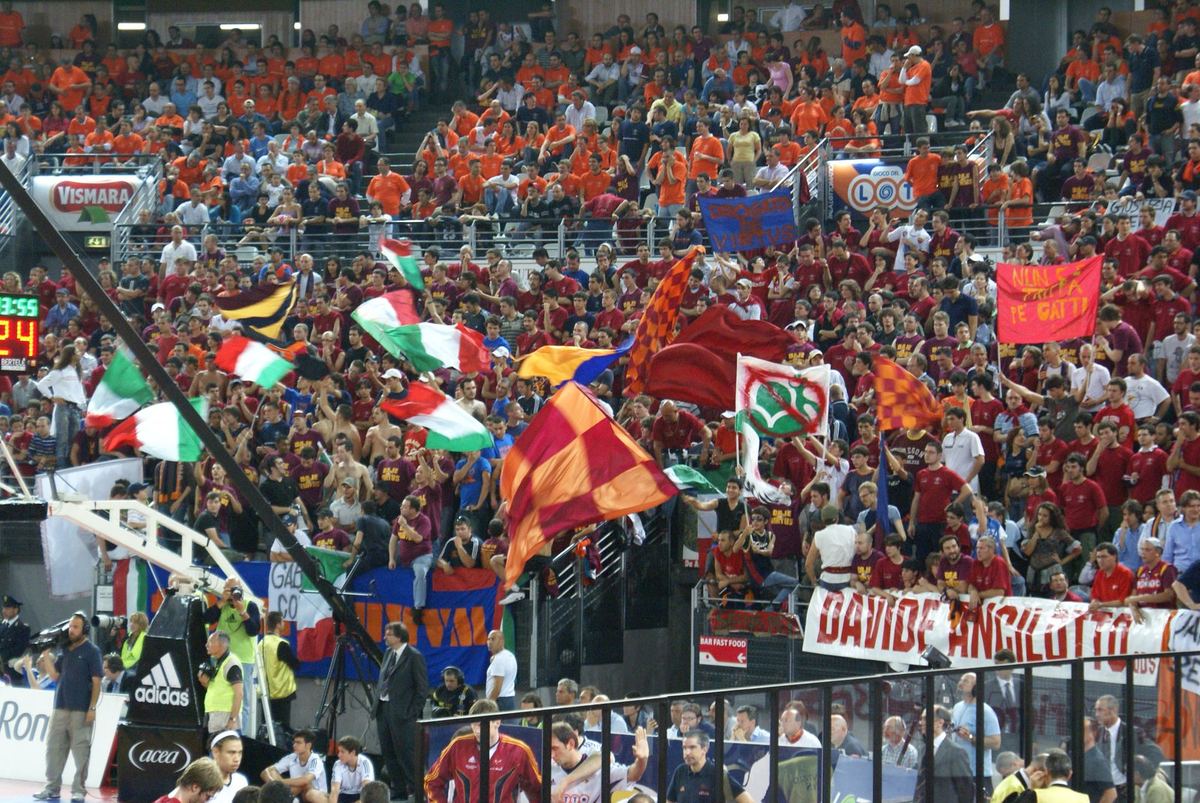 Inside the Palazzo dello Sport in Rome during a basketball game